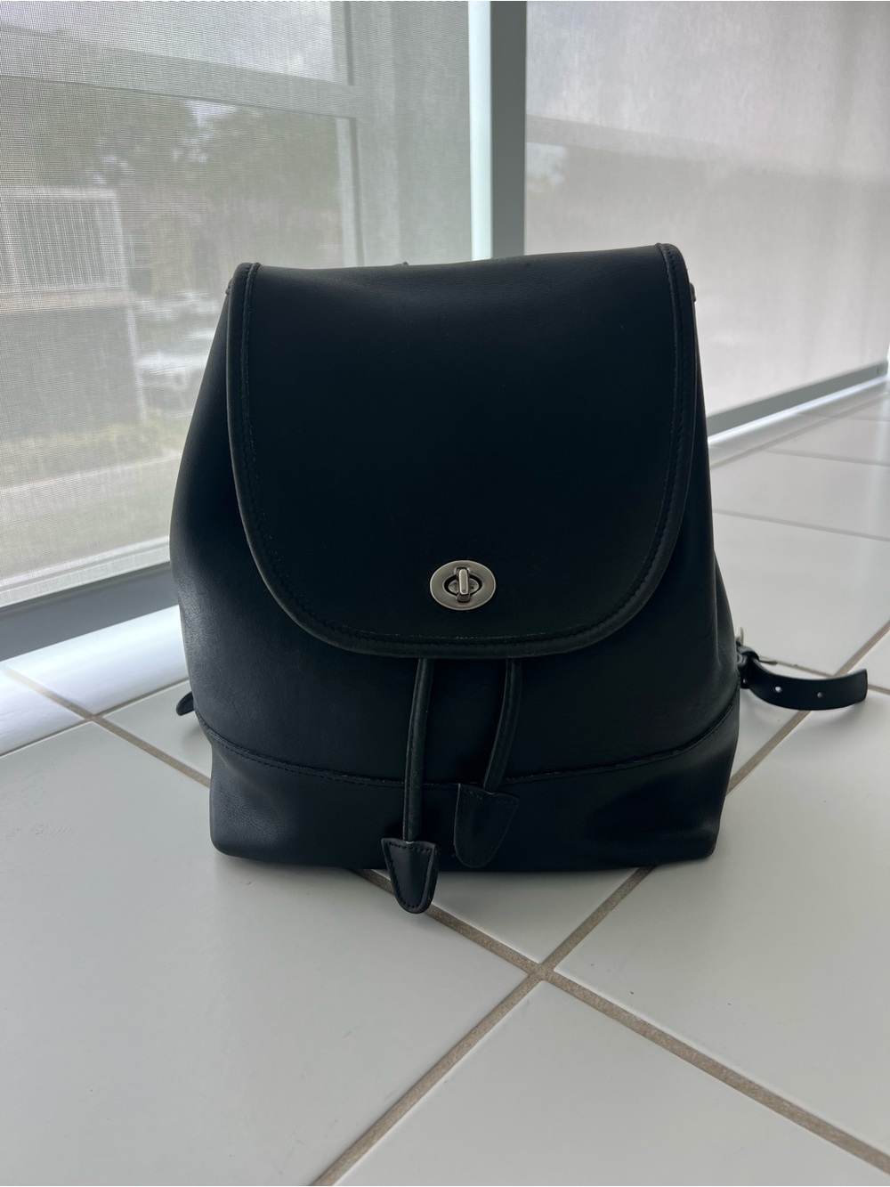 Vintage Coach 9791 Small Black Leather Backpack with Turn-Lock Closure